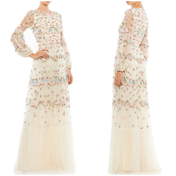 Mac Duggal NWT Floral Embellished Embroidered Gown Blouson Sleeves Size 26 Ivory